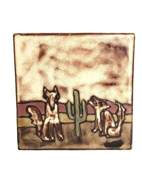 Mara Mexico Hand Crafted Coyote Pair Cactus Desert Tile Trivet 7.5" EXC